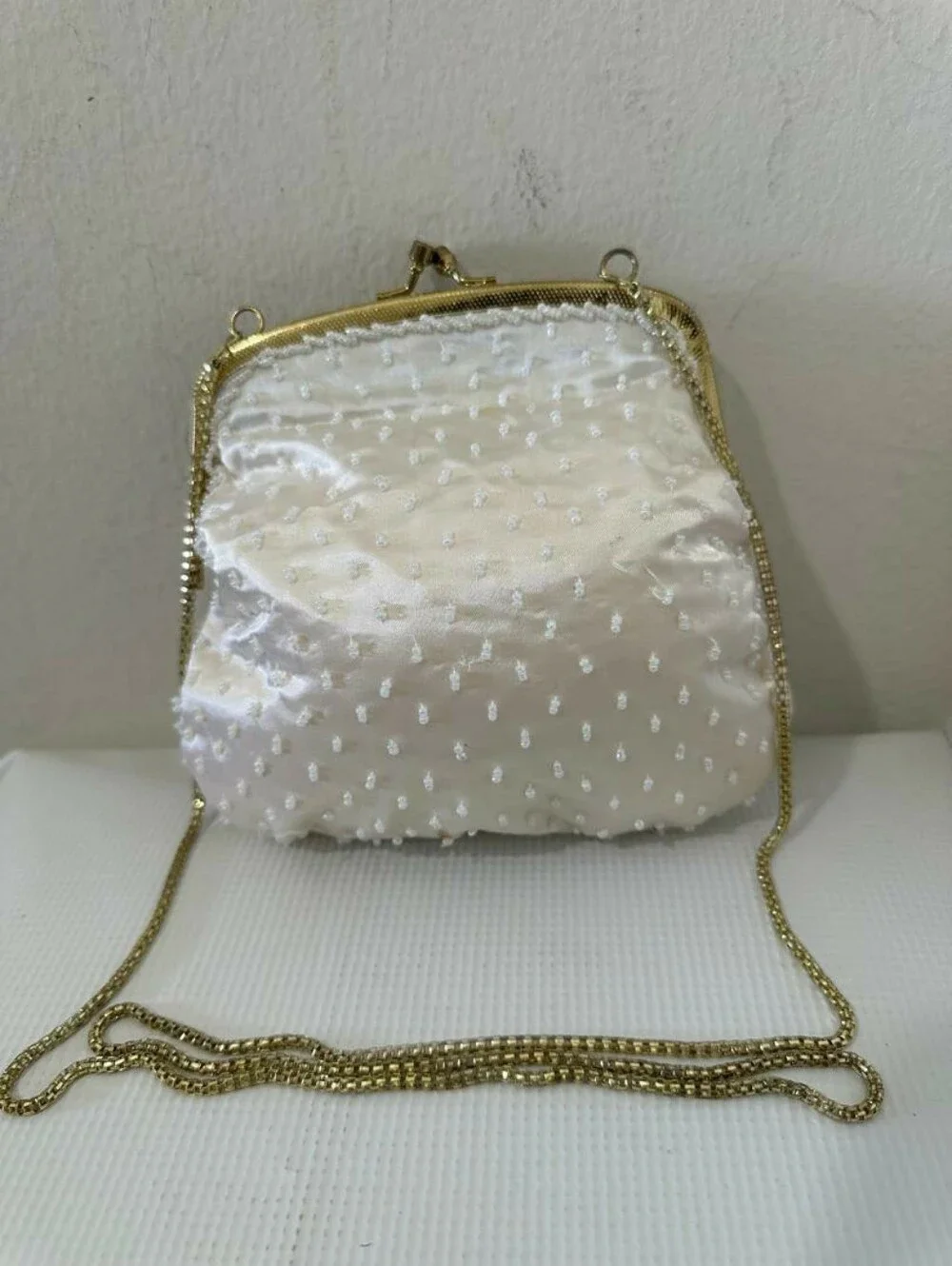 Vintage Beaded Evening Bag  Ivory Beads and a Gold-tone Metal Frame